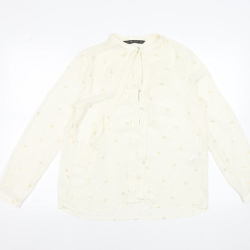 Zara Women Ivory Polka Dot Long Sleeve Bow Blouse Size 12