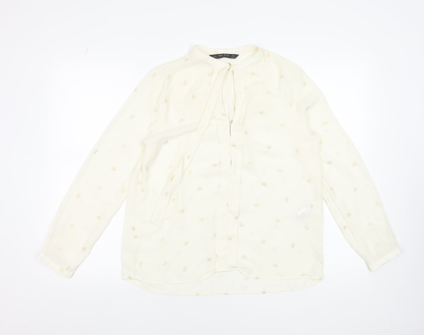 Zara Women Ivory Polka Dot Long Sleeve Bow Blouse Size 12