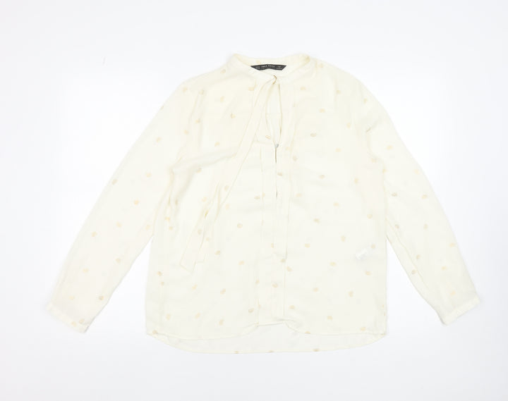 Zara Women Ivory Polka Dot Long Sleeve Bow Blouse Size 12