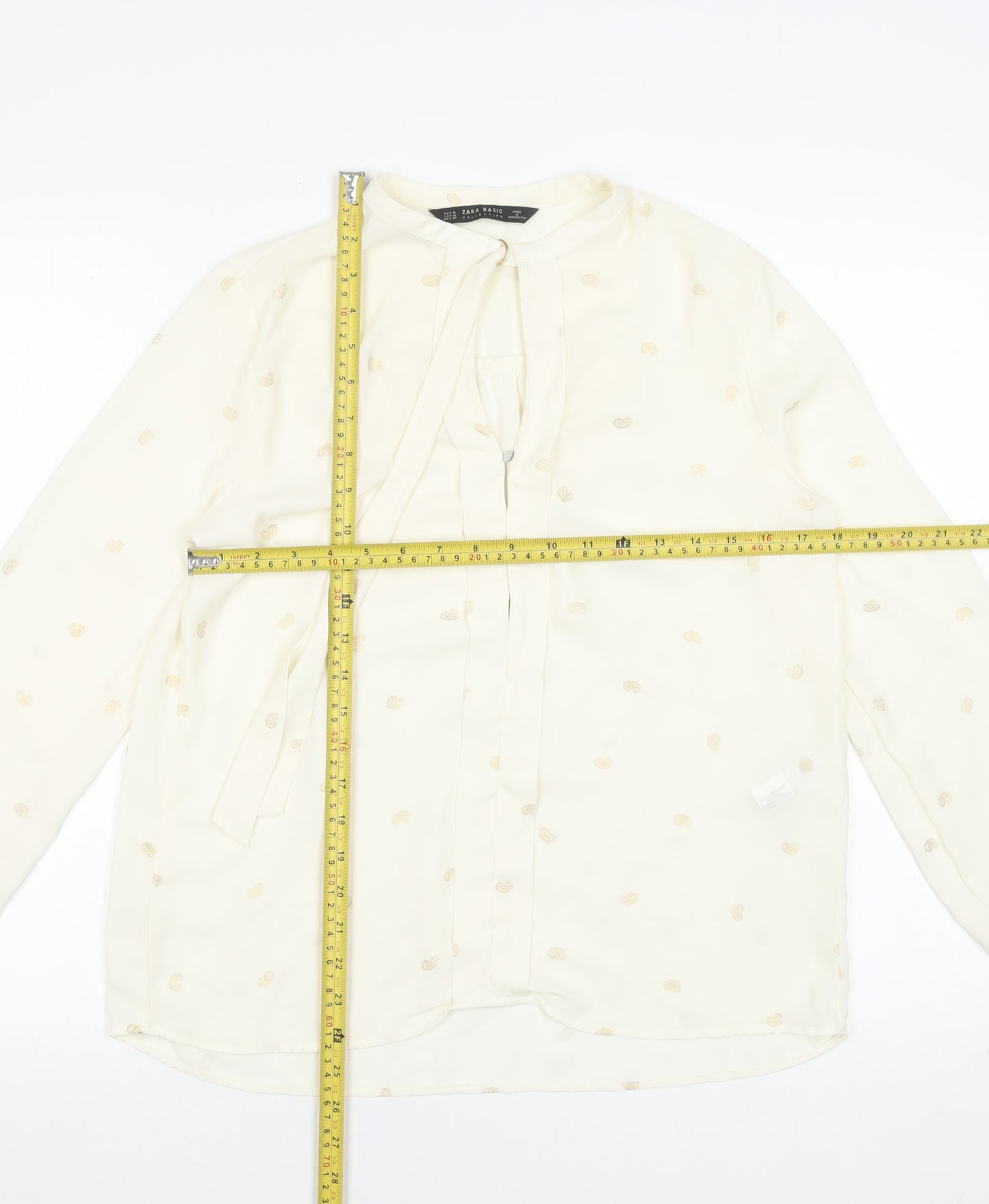 Zara Women Ivory Polka Dot Long Sleeve Bow Blouse Size 12