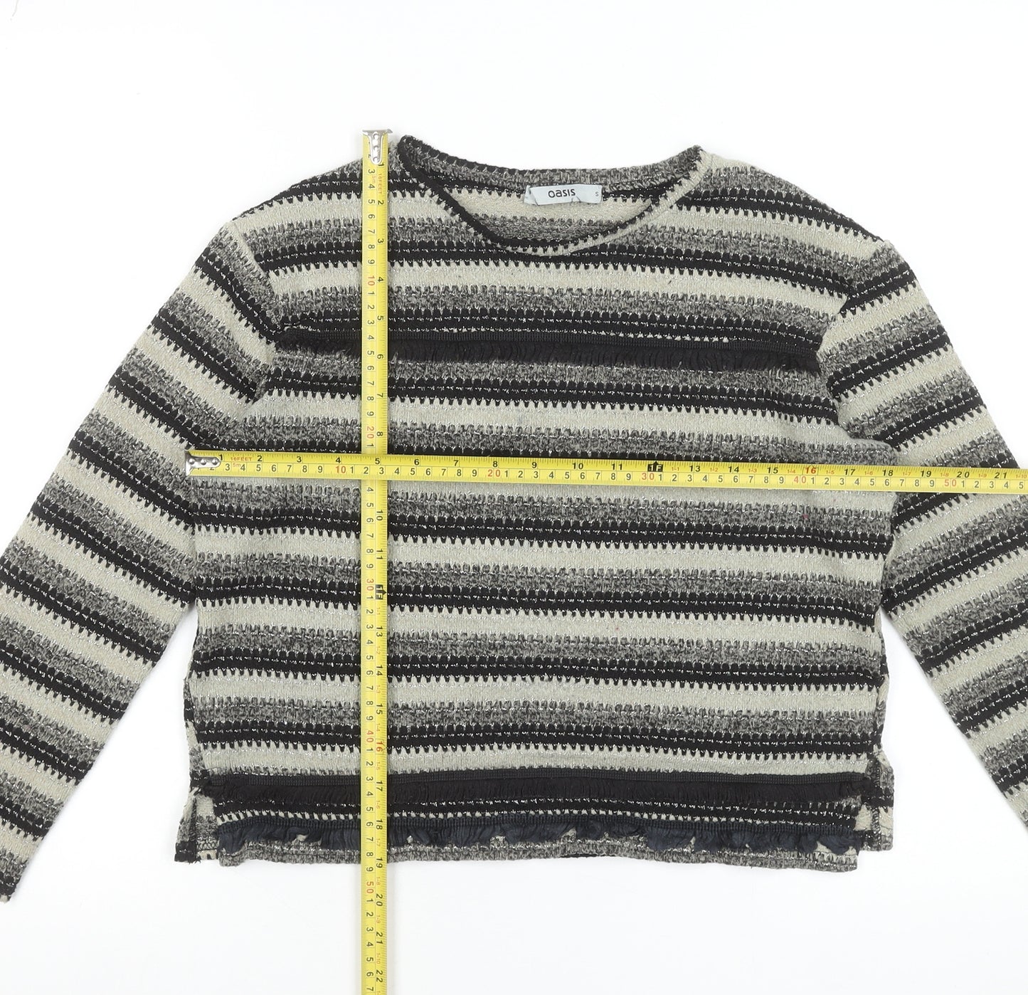 Oasis Women Grey Striped Crew Neck Knit Jumper Size S