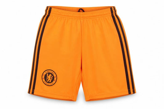 Front view of Adidas boys’ orange chelsea football club athletic shorts, size S