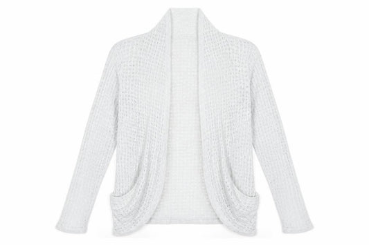 Front view of Oasis Women's Grey Open-Knit Long Sleeve Cardigan, size 12