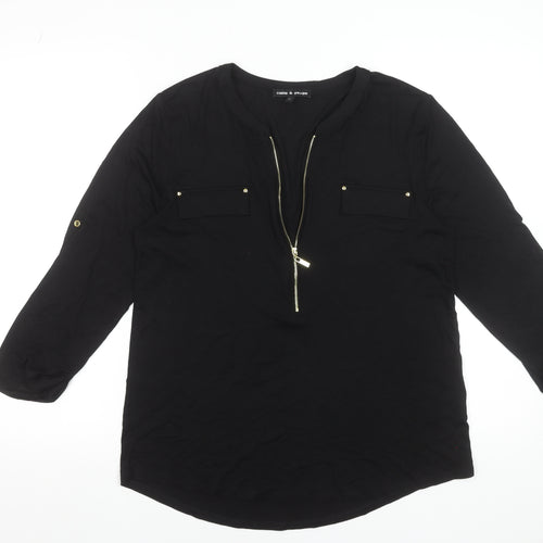 Cable & Gauge Womens Black Long Sleeve Zip Front V-Neck Blouse Size M