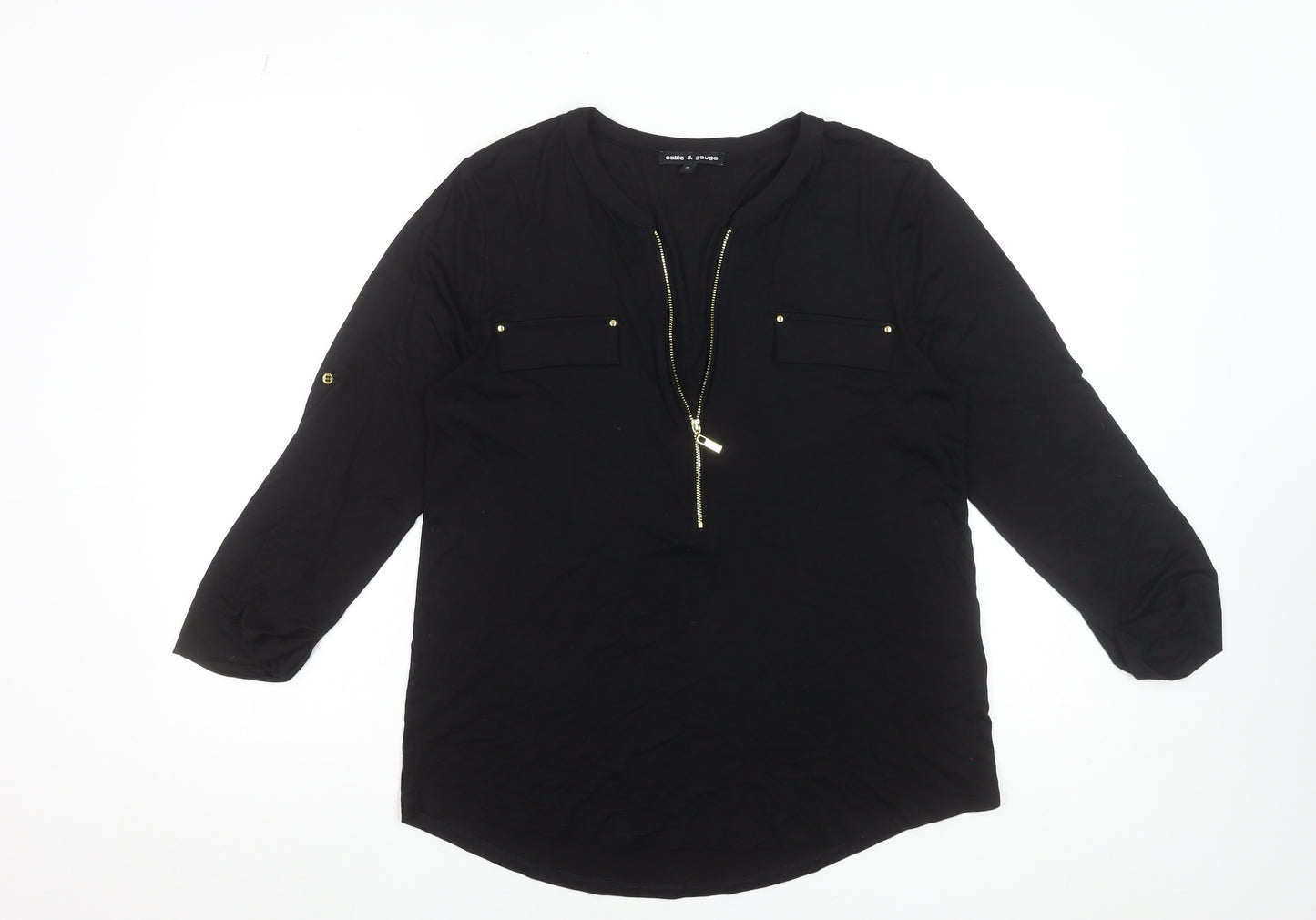 Cable & Gauge Womens Black Long Sleeve Zip Front V-Neck Blouse Size M