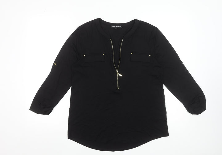 Cable & Gauge Womens Black Long Sleeve Zip Front V-Neck Blouse Size M