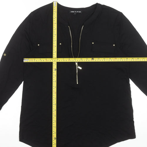 Cable & Gauge Womens Black Long Sleeve Zip Front V-Neck Blouse Size M