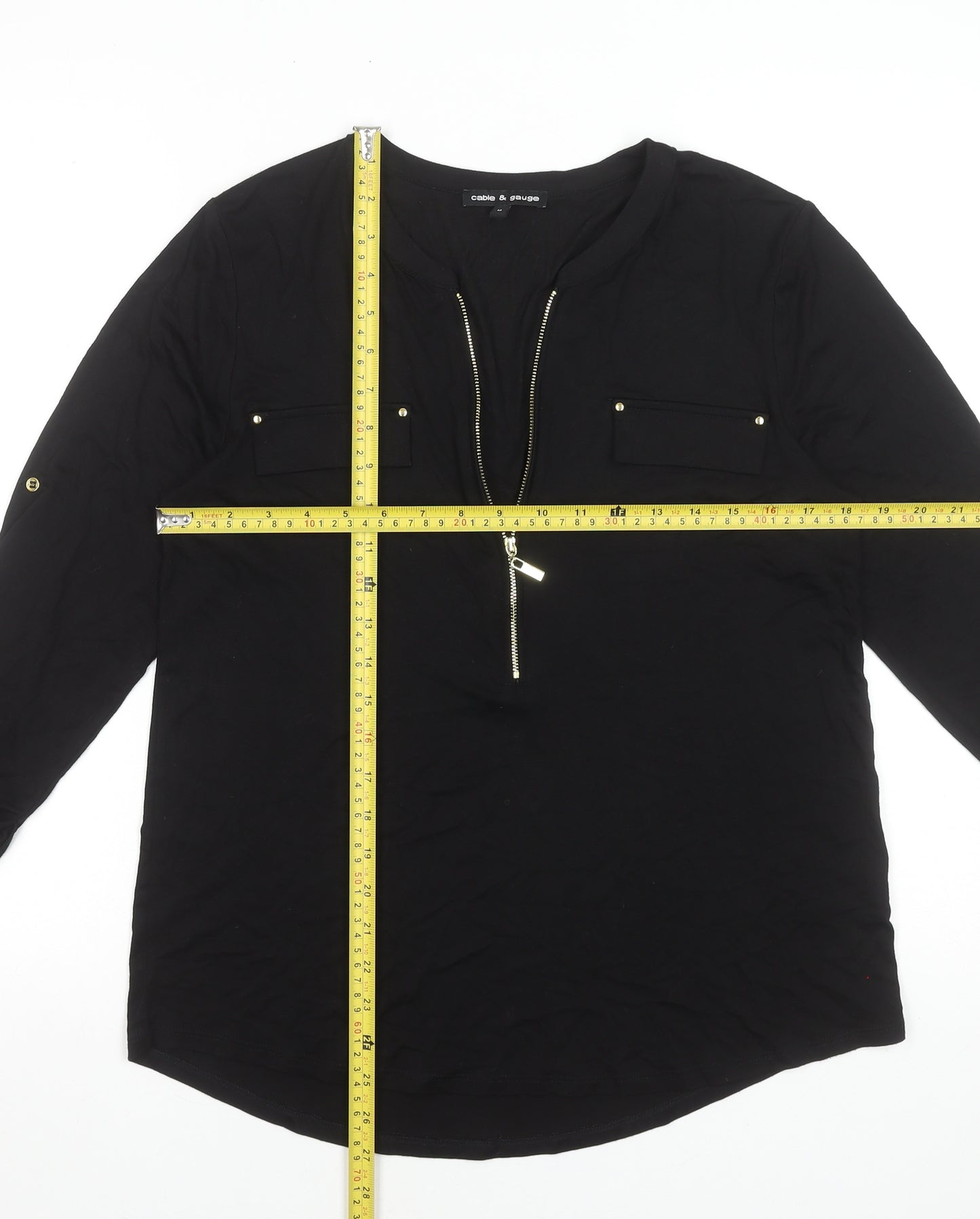 Cable & Gauge Womens Black Long Sleeve Zip Front V-Neck Blouse Size M