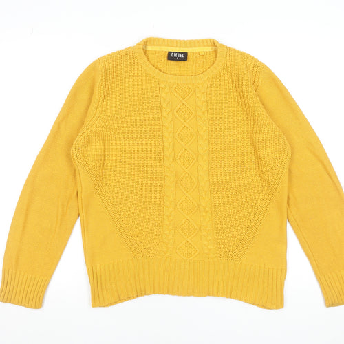 Diesel Women's Yellow Cable-Knit Cotton Blend Pullover Jumper L