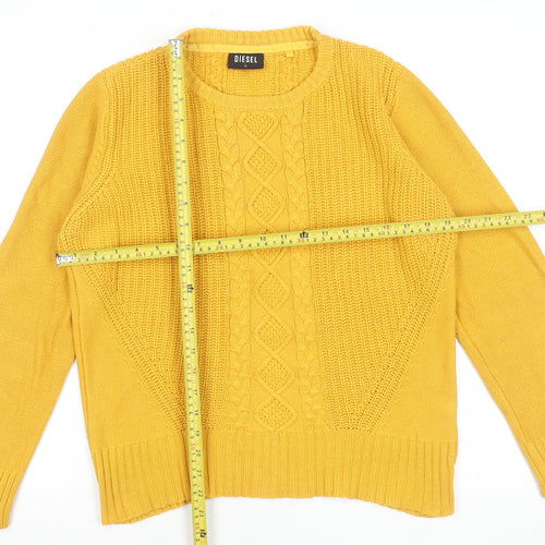 Diesel Women's Yellow Cable-Knit Cotton Blend Pullover Jumper L