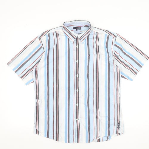 Tommy Hilfiger Men's Blue Striped Button-Down Shirt Size 16 Regular Cotton