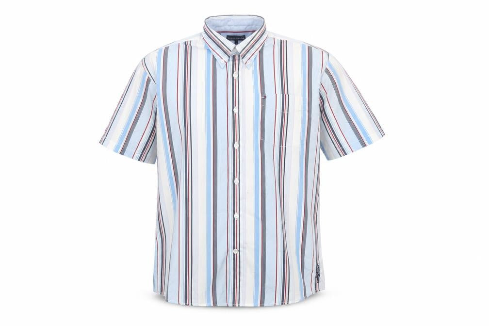 Front view of Tommy Hilfiger Men's Blue Striped Button-Down Shirt, size 16, Regular Cotton