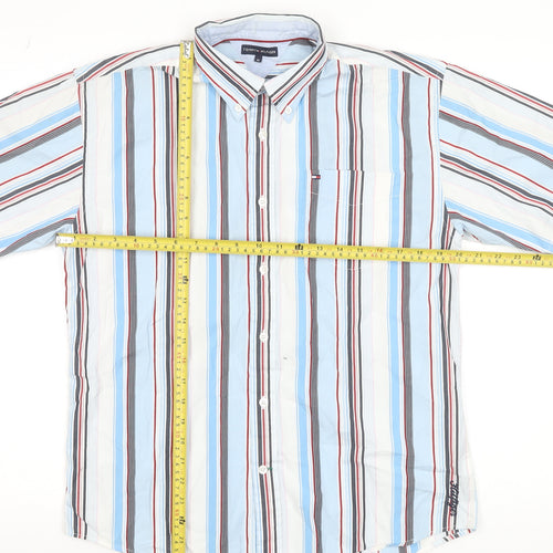 Tommy Hilfiger Men's Blue Striped Button-Down Shirt Size 16 Regular Cotton