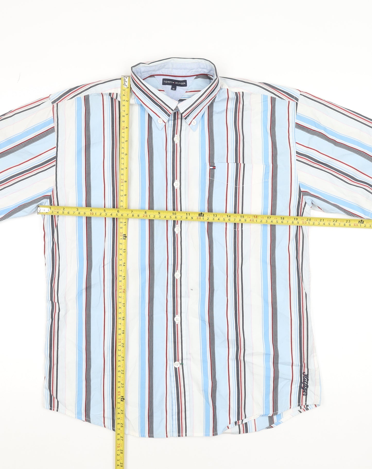 Tommy Hilfiger Men's Blue Striped Button-Down Shirt Size 16 Regular Cotton