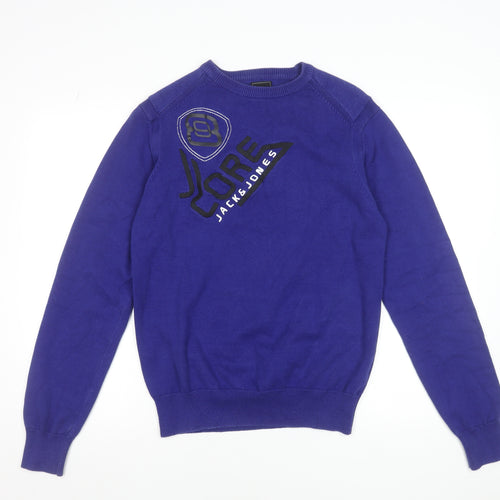 Jack & Jones Men’s Blue Cotton Crew Neck Graphic Jumper Size M