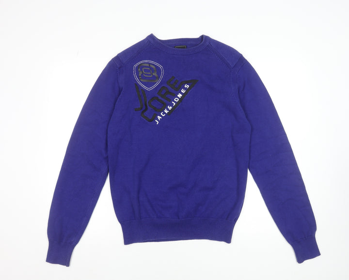 Jack & Jones Men’s Blue Cotton Crew Neck Graphic Jumper Size M