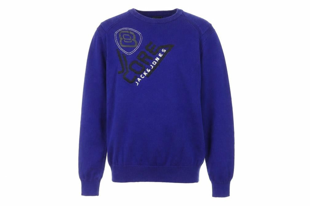 Front view of Jack & Jones Men’s Blue Cotton Crew Neck Graphic Jumper, size M