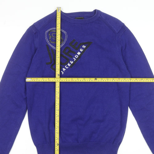 Jack & Jones Men’s Blue Cotton Crew Neck Graphic Jumper Size M