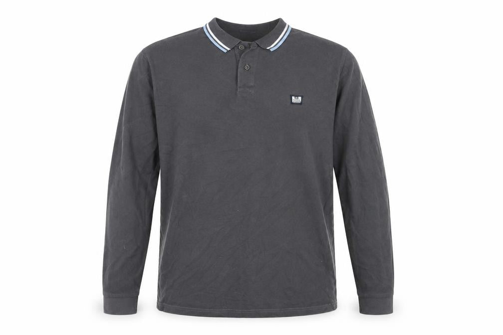 Front view of Weekend Offender Men's Grey Long Sleeve Polo Shirt L Regular Fit