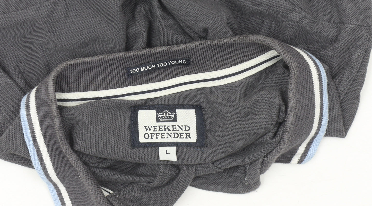 Weekend Offender Men's Grey Long Sleeve Polo Shirt L Regular Fit