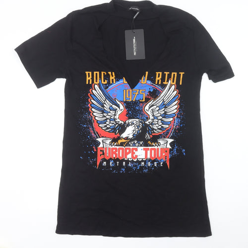 PrettyLittleThing Women’s Black Rock Eagle Graphic V-Neck T-Shirt Size 8