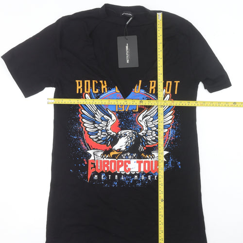 PrettyLittleThing Women’s Black Rock Eagle Graphic V-Neck T-Shirt Size 8
