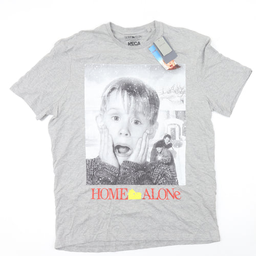 Home Alone Grey Graphic Print Men's T-Shirt Size L Cotton Blend