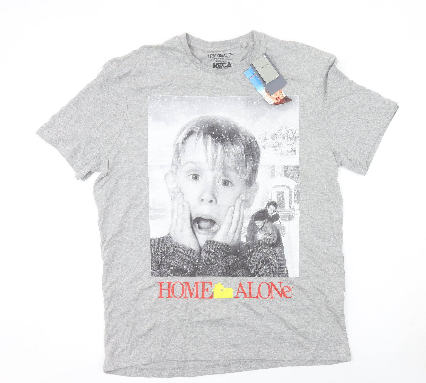 Home Alone Grey Graphic Print Men's T-Shirt Size L Cotton Blend