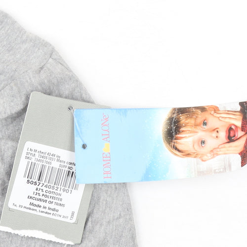 Home Alone Grey Graphic Print Men's T-Shirt Size L Cotton Blend