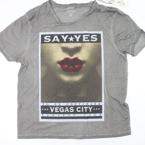 Easy Men’s Grey XL Graphic Print Crew Neck Cotton T-Shirt