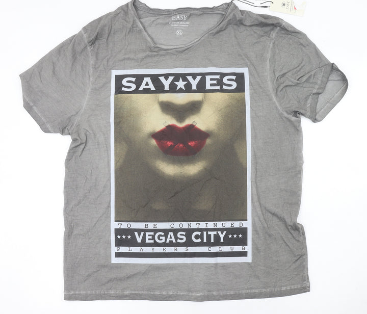 Easy Men’s Grey XL Graphic Print Crew Neck Cotton T-Shirt