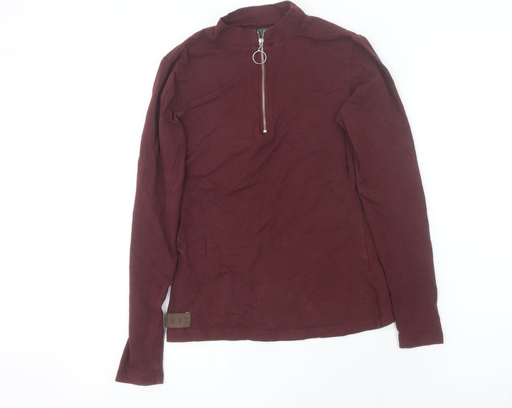 Women's Brown High Neck Zip Long Sleeve Cotton Top UK 10