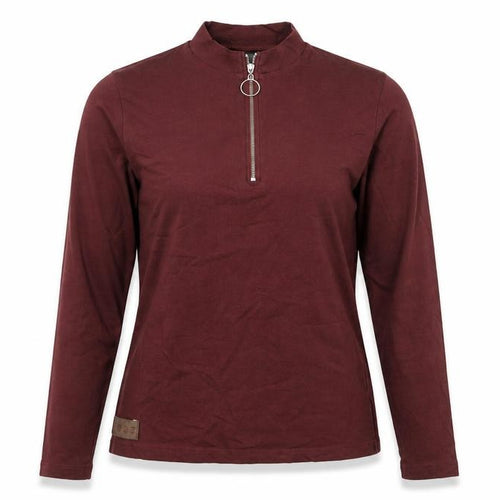 Women's Brown High Neck Zip Long Sleeve Cotton Top UK 10