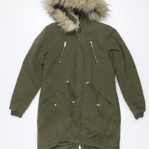 New Look Women's Green Parka Coat Size 8 Fur Trim Hooded Winter Jacket