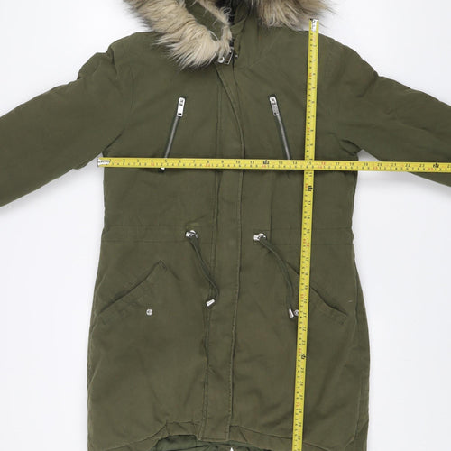 New Look Women's Green Parka Coat Size 8 Fur Trim Hooded Winter Jacket