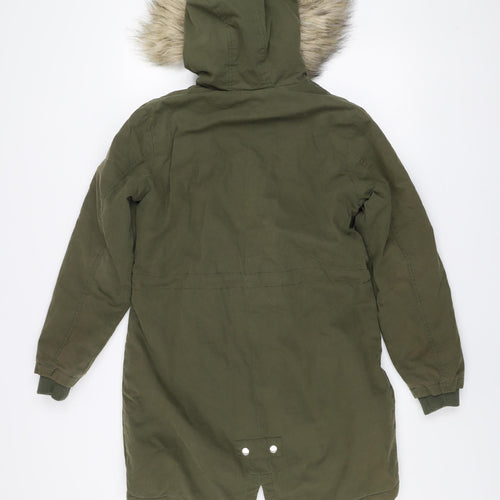New Look Women's Green Parka Coat Size 8 Fur Trim Hooded Winter Jacket