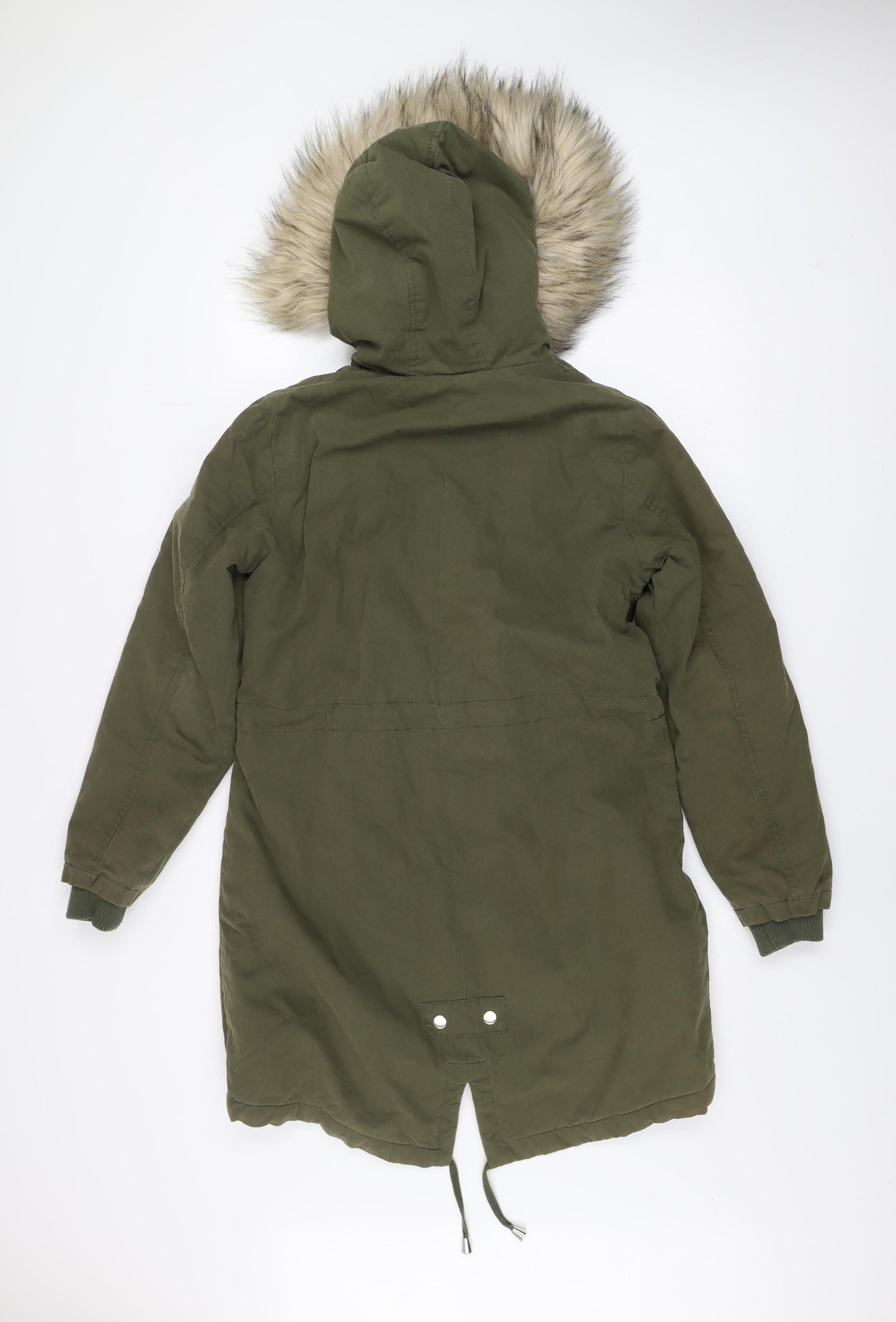 New Look Women's Green Parka Coat Size 8 Fur Trim Hooded Winter Jacket