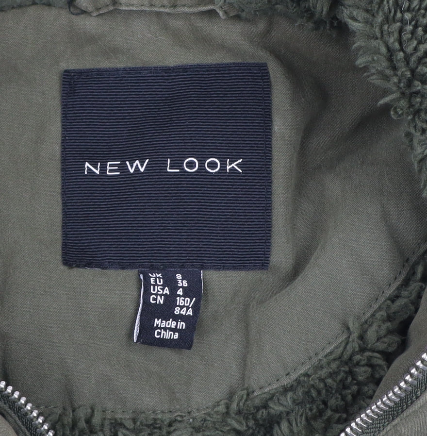 New Look Women's Green Parka Coat Size 8 Fur Trim Hooded Winter Jacket