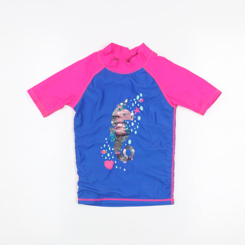 Mountain Warehouse Girls Blue & Pink Sequin Seahorse Rash Guard Top 5-6 Years