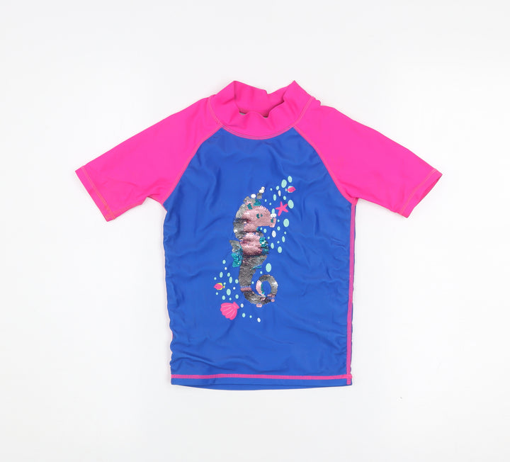 Mountain Warehouse Girls Blue & Pink Sequin Seahorse Rash Guard Top 5-6 Years