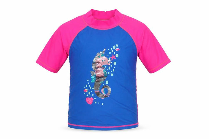 Mountain Warehouse Girls Blue & Pink Sequin Seahorse Rash Guard Top 5-6 Years