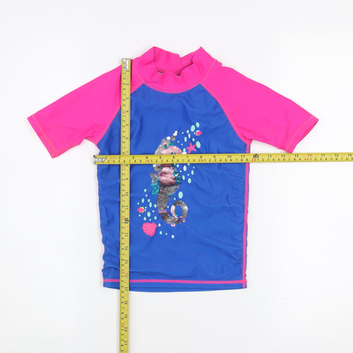Mountain Warehouse Girls Blue & Pink Sequin Seahorse Rash Guard Top 5-6 Years