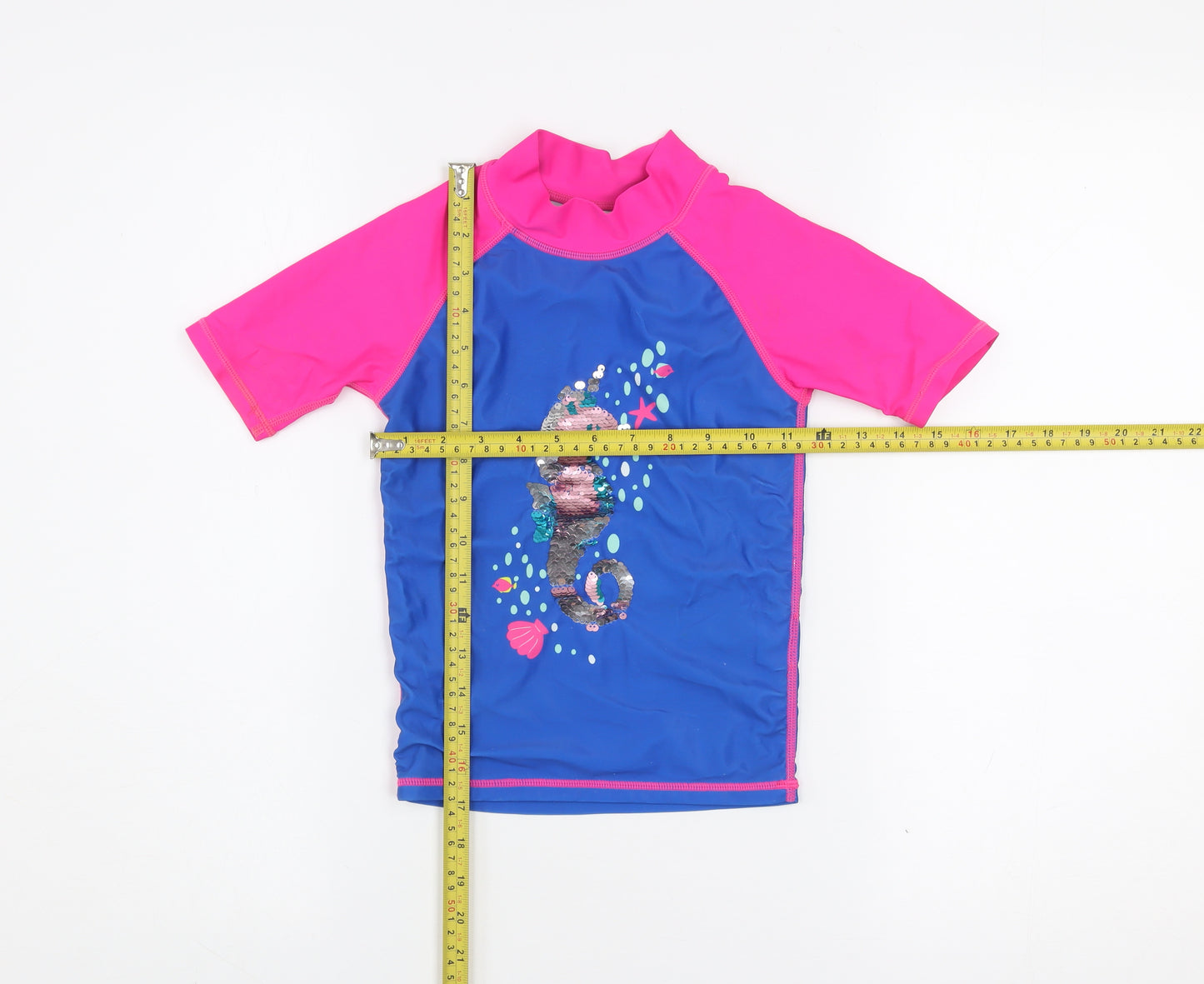 Mountain Warehouse Girls Blue & Pink Sequin Seahorse Rash Guard Top 5-6 Years