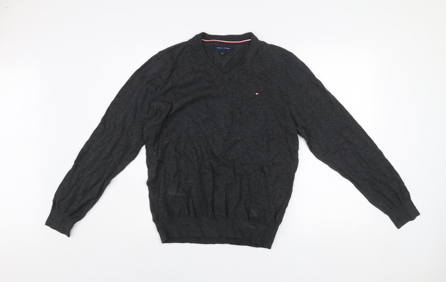 Tommy Hilfiger Men's Grey Cotton V-Neck Jumper Size M