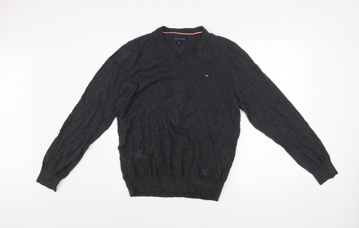 Tommy Hilfiger Men's Grey Cotton V-Neck Jumper Size M