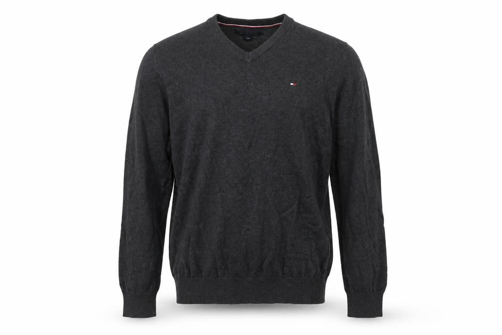 Front view of Tommy Hilfiger Men's Grey Cotton V-Neck Jumper, size M