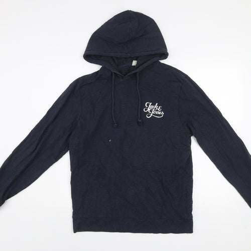 Jack & Jones Mens Blue Pullover Hoodie Medium Graphic Logo Cotton Blend