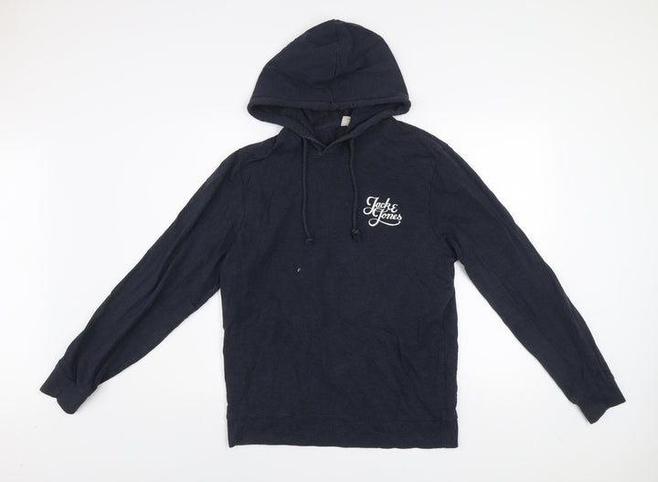 Jack & Jones Mens Blue Pullover Hoodie Medium Graphic Logo Cotton Blend