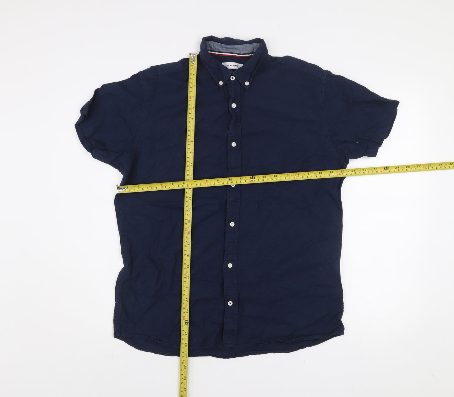 Jack & Jones Men's Blue Linen Blend Short Sleeve Button-Up Shirt Size M