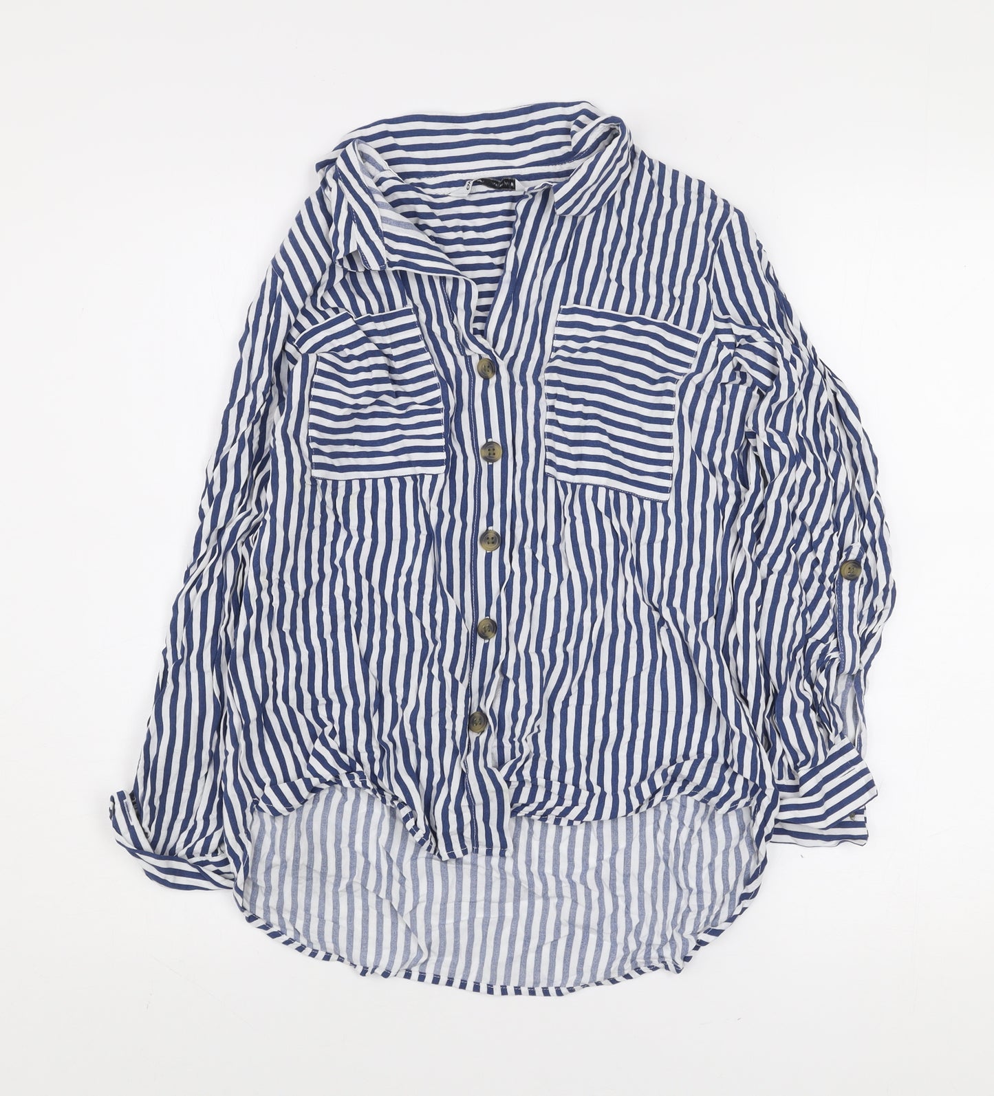 ONLY Women's Blue White Striped Button-Up Collared Shirt Size S